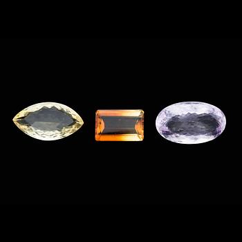 ÄDELSTENAR, 3st, ametist o två citriner.