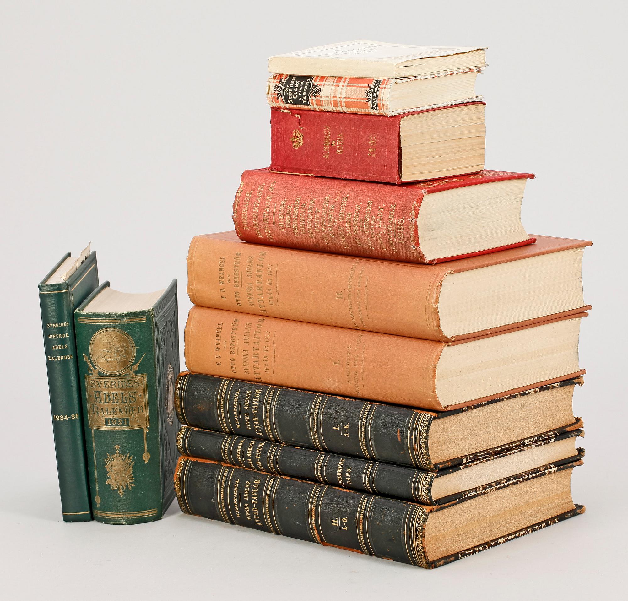 PARTI BÖCKER OM GENEALOGI OCH HERALDIK, 11 delar, bla "Svenska adelns Ättartaflor ifrån år 1857" I-II av FU Wrangel o O. Bergström, Stockholm 1897.