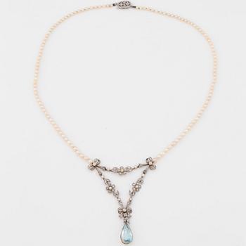 A circa 6.00 ct aquamarine, rose cut diamond and pearl necklace.