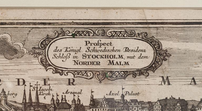 KARTA med vyer över Stockholm, handkolorerad gravyr, M. Seutter. 1700-tal.