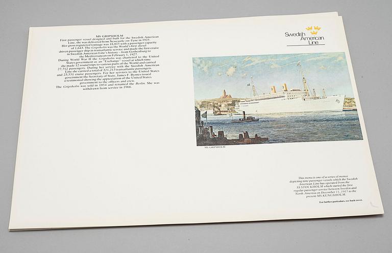 Memorabilia from the Swedish American Line, meny folders and postcards, 20th century.
