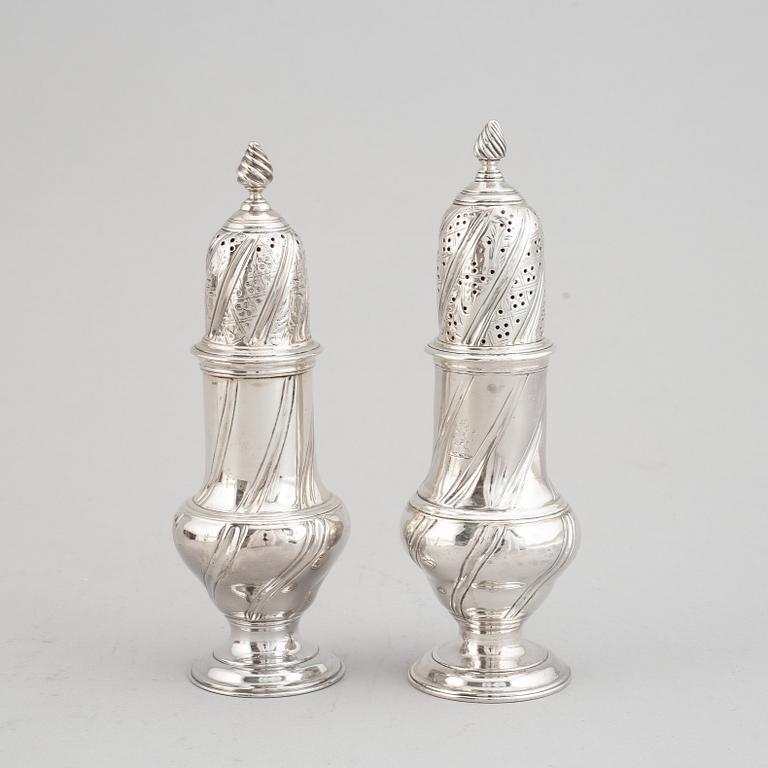 A set of three English 18th century silver sugar and spice casters, marked RP, London 1763.