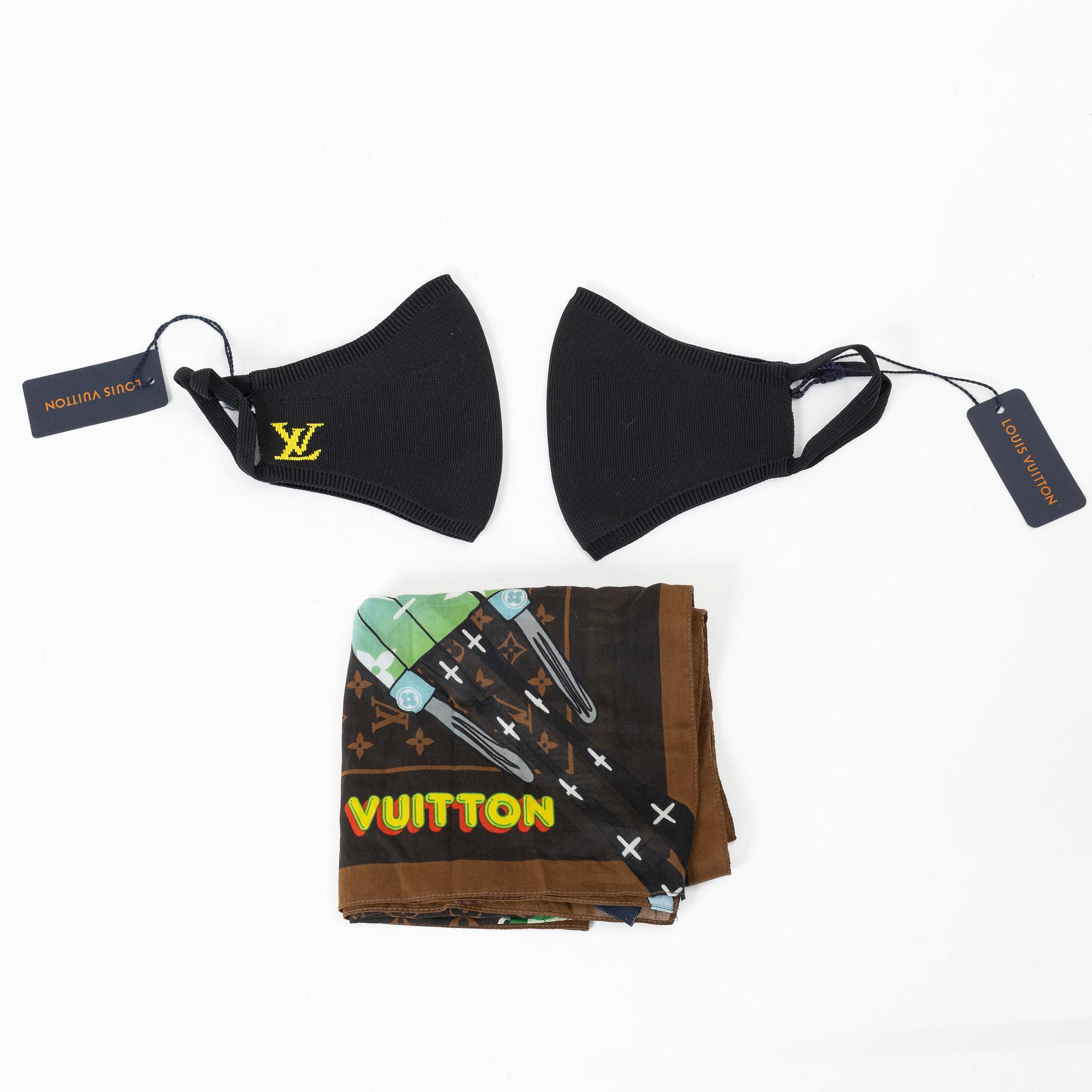 Louis Vuitton, face masks 3 pcs, with accessories and scarf.
