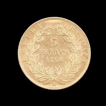 MYNT, 21, 6K guld, 5 franc, Napoleon III, Frankrike, 1856. Vikt ca 1,6g.