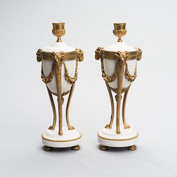 A PAIR OF CASSOLETTES, ormolue and white marble, French second half of the 19th century.