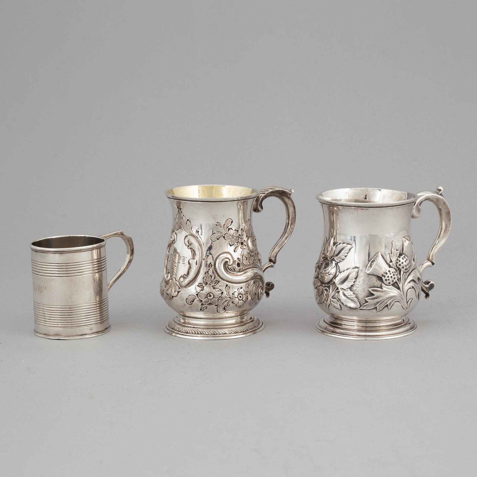 Three silver jugs, London 1743, 1767 and 1805.