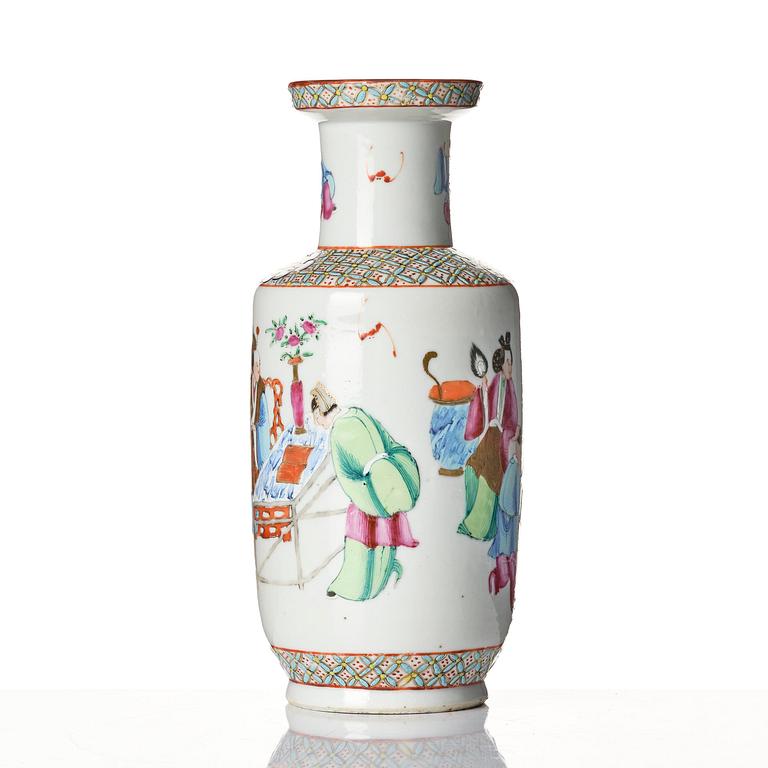 A famille rose roleau vase, Qing dynasty, 19th century.