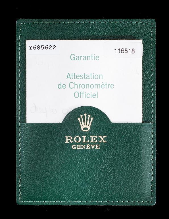 ARMBANDSUR, herr, Rolex Cosmograph Daytona, guld, läderarmband, originalbox, garanti intyg 2006.