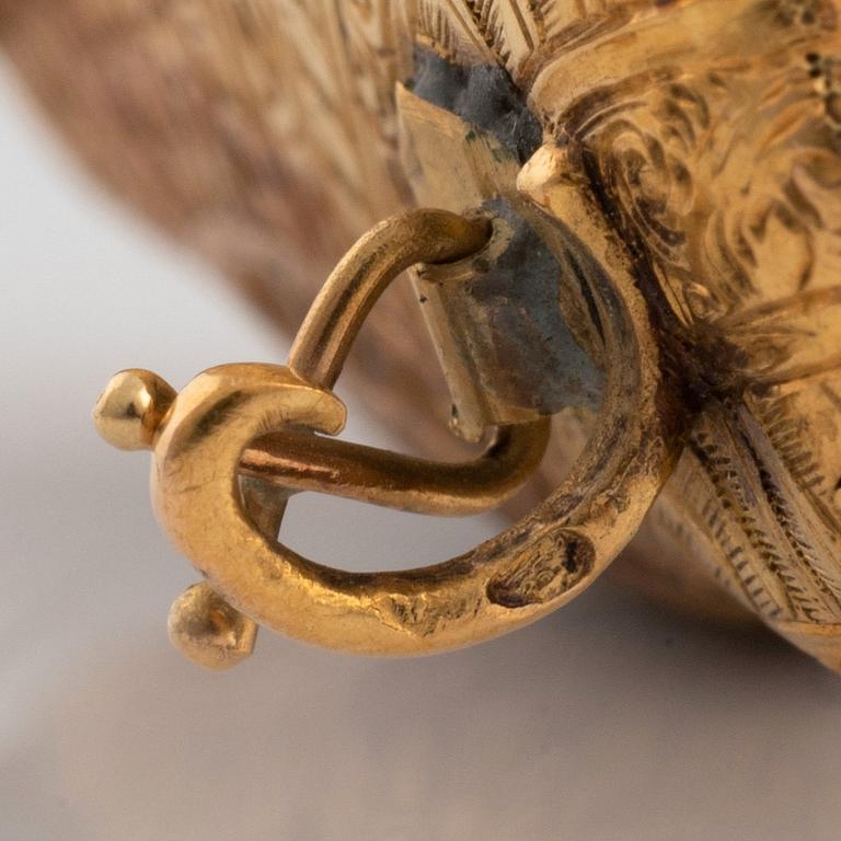 A Royal gold, enamel, pearl and rose cut diamond shell brooch.