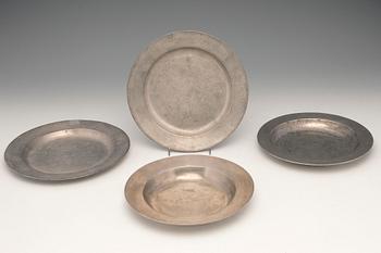 46. SWEDISH PEWTER PLATES, 4 PCS.