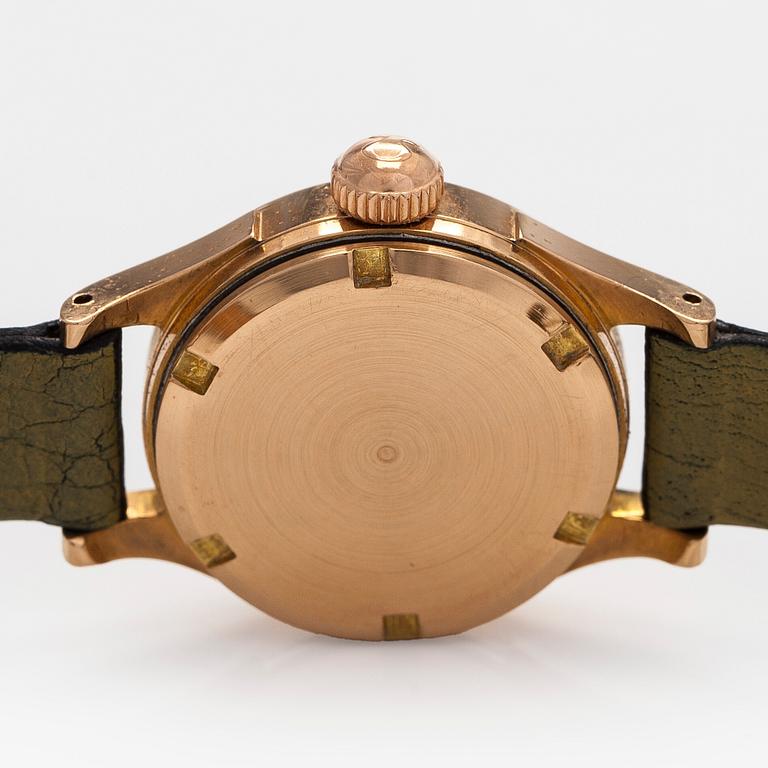 Omega, Seamaster, wristwatch, 22 mm, 18K gold, manual, plastic crystal.