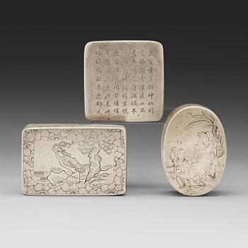 370. A set of three Chines silver plated ink boxes, about 1900.