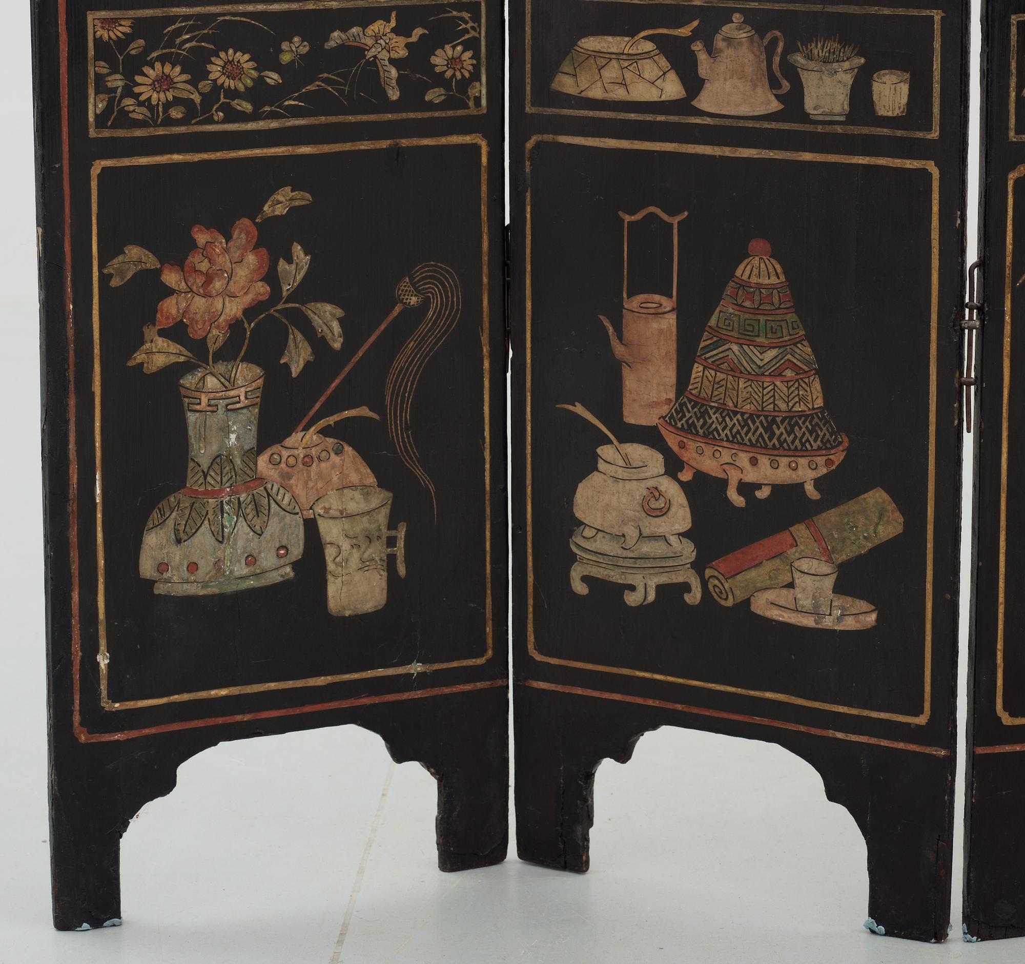 An eight panel lacquer screen, Qing dynasty, presumably Kangxi (1662-1722).