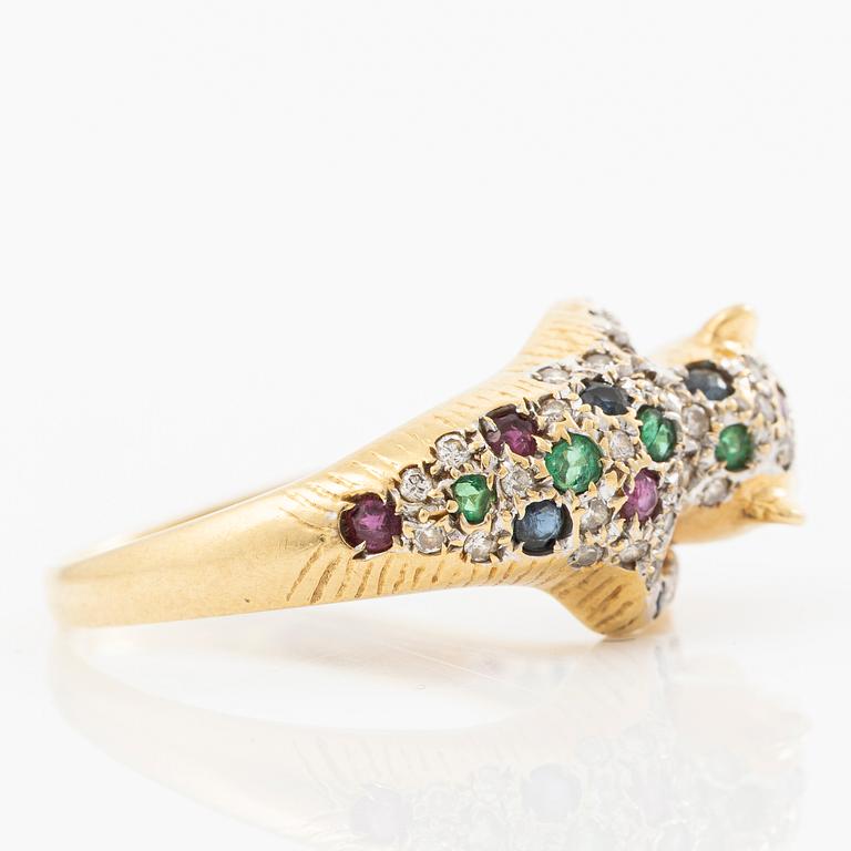 18K gold ring in the form of a panther with rubies, emeralds, sapphires and diamonds.