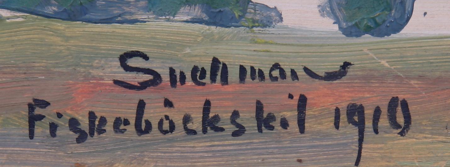 OKÄND KONSTNÄR. Olja på pannå, sign o dat Snellman, Fiskebäckskil 1910.