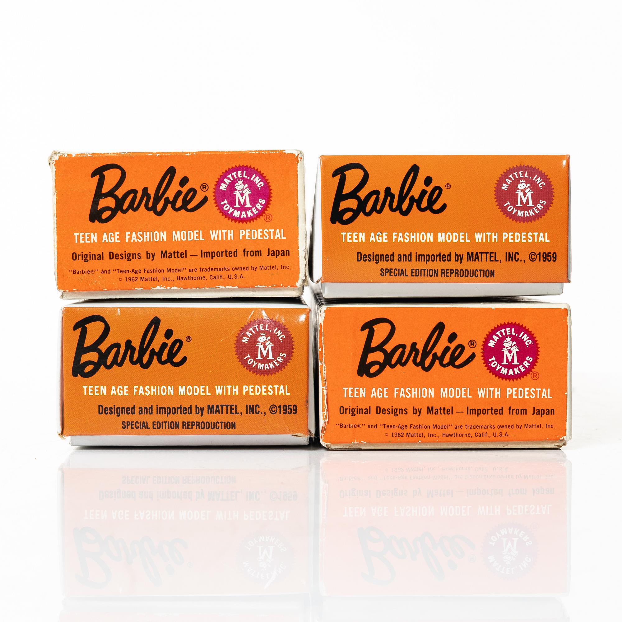 Barbie dolls, 4 pcs, along with clothes and accessories, Mattel, 1960s.