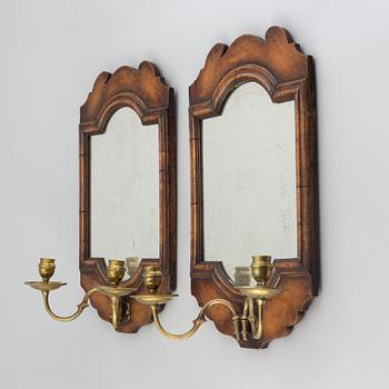 A pair  century wood and brass mirror wall sconces for two candles.c. 1900.