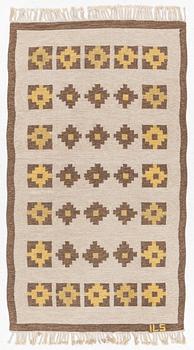 Ilsalestalon Mattolutomo, a flat weave rug, Kaukaba, Finland, signed ILS, c. 215 x 125 cm.