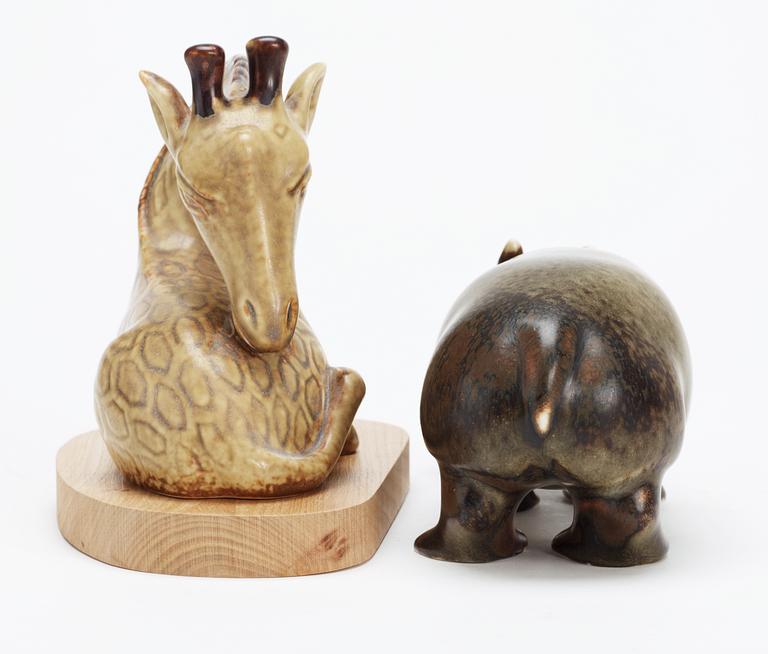 Two Gunnar Nylund stoneware figures of a hippo and a giraffe, Rörstrand.