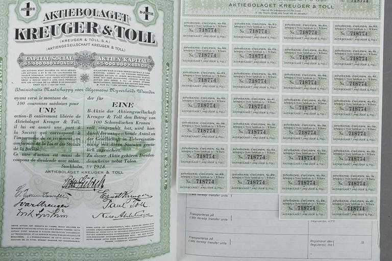 PARTI BÖRSMEMORABILIA, etsningar, 7 st samt aktiebrev från Kreuger & Toll.