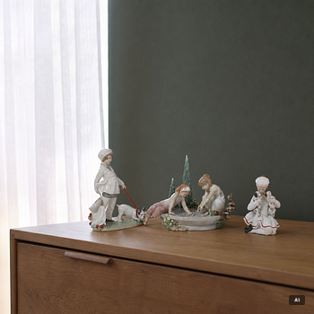 Lladró, three figurines,"Girl with French bulldog", "Girl with Dalmatians" and "Petals in the pond", Spain.