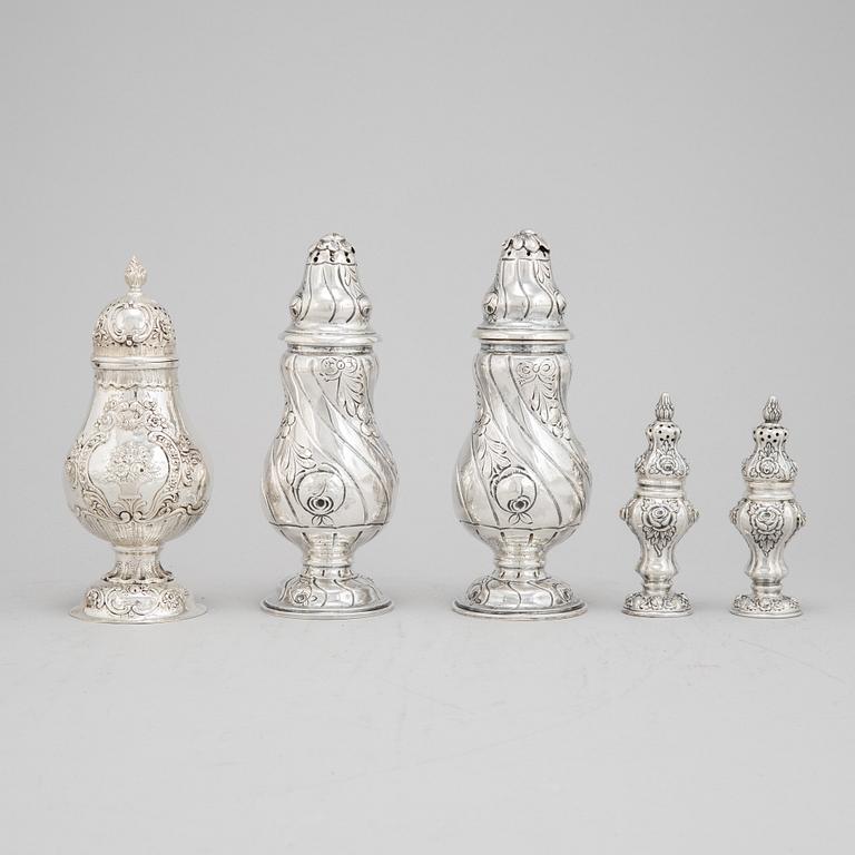 2+2+1 rococo style silver sugar shakers, Swedish import mark.
