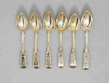 A SET OF SIX RUSSIAN SILVER-GILT AND NIELLO SPOONS, Moscow 1835-1846.