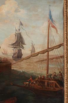 Abraham Storck Hans krets, Sydländsk hamnbild med figurer och fartyg.