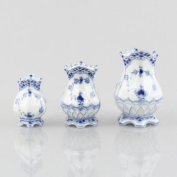 Three 'Blue Fluted Full Lace' / 'Musselmalet' porcelain creamers / jugs, Royal Copenhagen, 20th century.