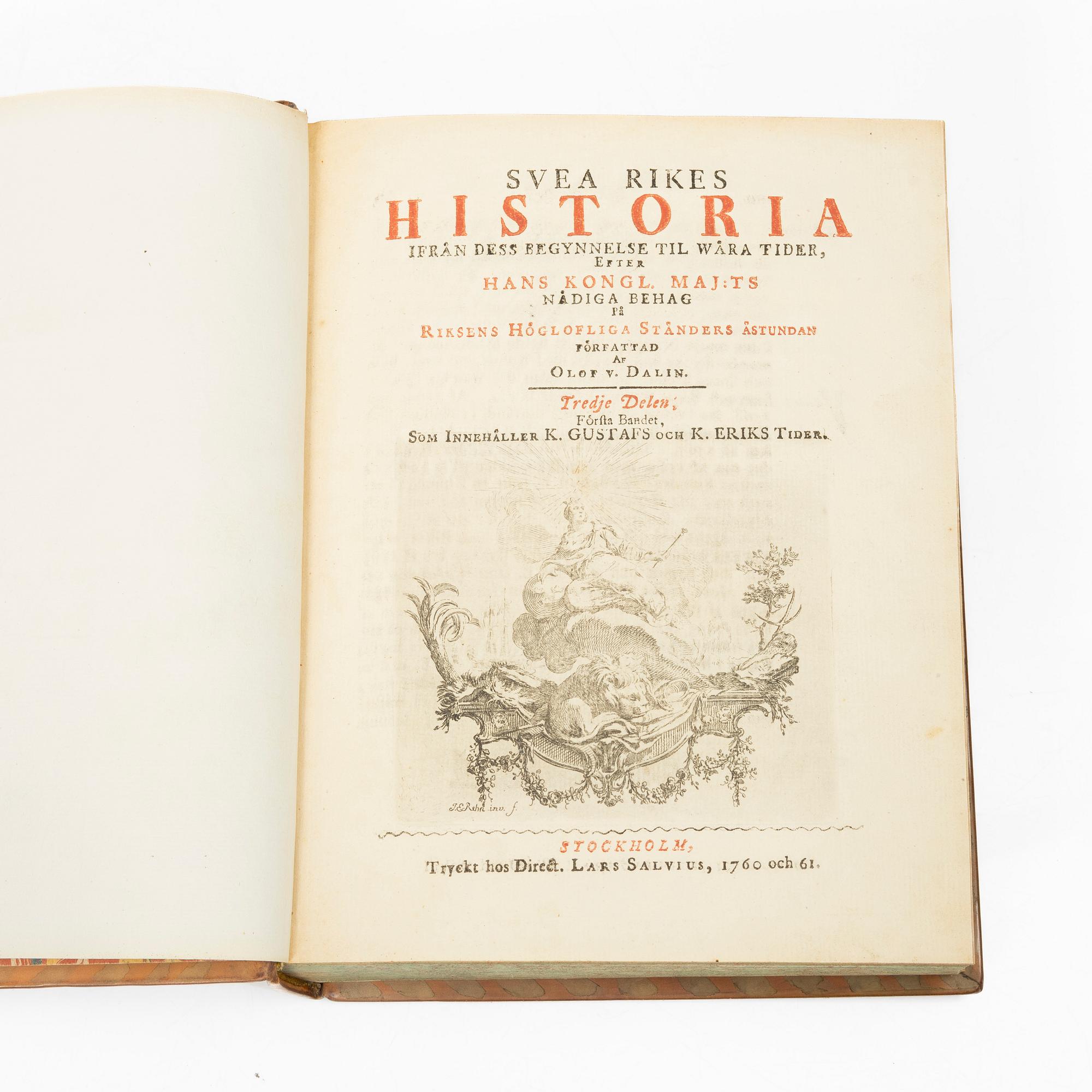 Books, four volumes,'Svea Rikes Historia', Olof Dalin, Lars Salvius, Stockholm, 1747-62.