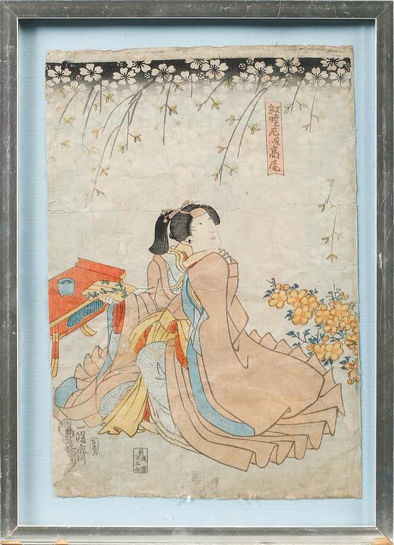 Five Japanese woodblock prints, including Chikanobu, 19 / early 20th century.