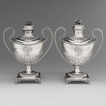 A pair of late 18th-century, Gustavian style silver sugar bowls, maker's mark Daniel Elfbom, widow, Gävle 1795.