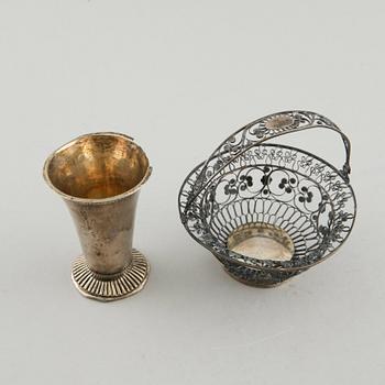 A silver box, a beaker and a basket, partly Sweden, 19th century.