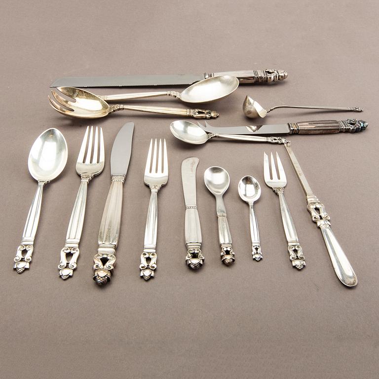 Johan Rohde, a set of 79 pcs of "Konge/Acorn" sterling silver flatware, maker's mark Georg Jensen, Copenhagen post 1945.