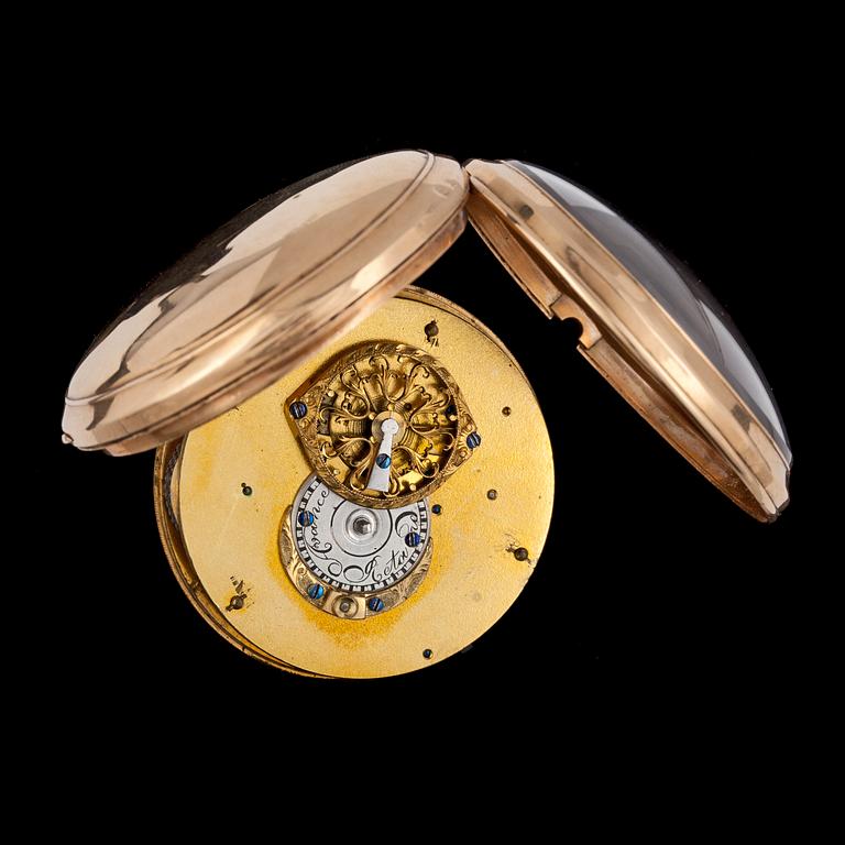 FICKUR, spindelur med centralsekund och kalender, guld, tidigt 1800-tal.