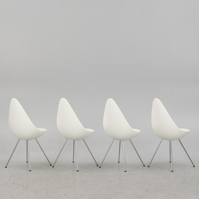 Arne Jacobsen, a set of four 'Drop' chiars, Fritz Hansen, Denmark 2019.