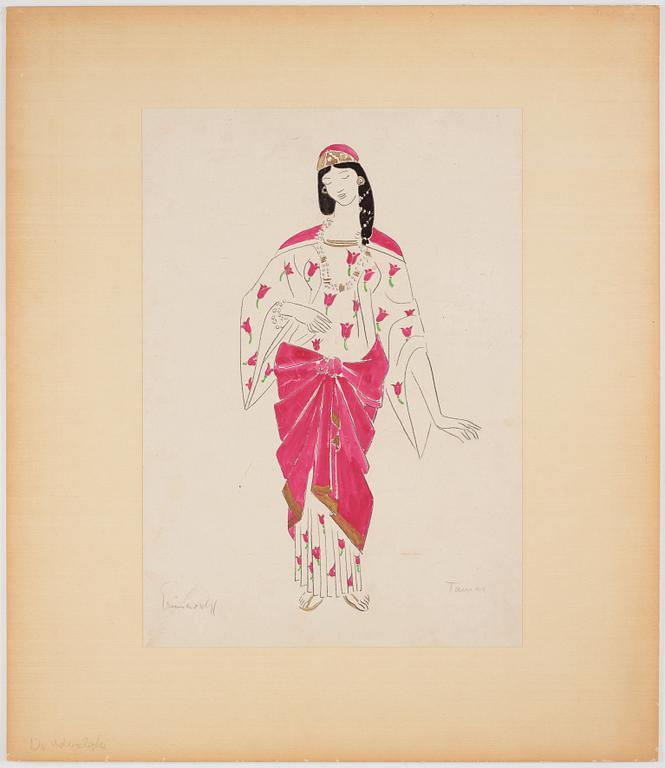 Isaac Grünewald, Costume sketch - woman in a dress with rose pattern.