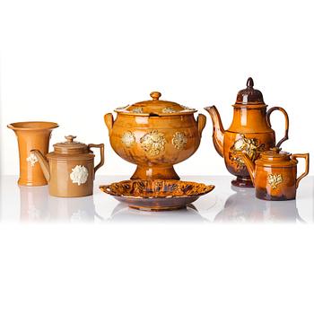 A tureen, coffee pot, two teapots, a vase and a dish, including Tillinge 19th century.