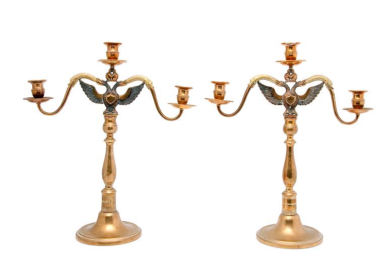 A PAIR OF THREE LIGHT CANDELABRA.