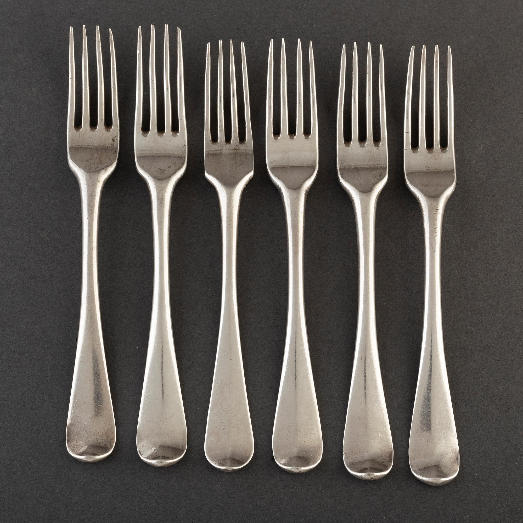 6 silver spoons, among others Gustaf Stafhell the elder, Stockholm 1739.