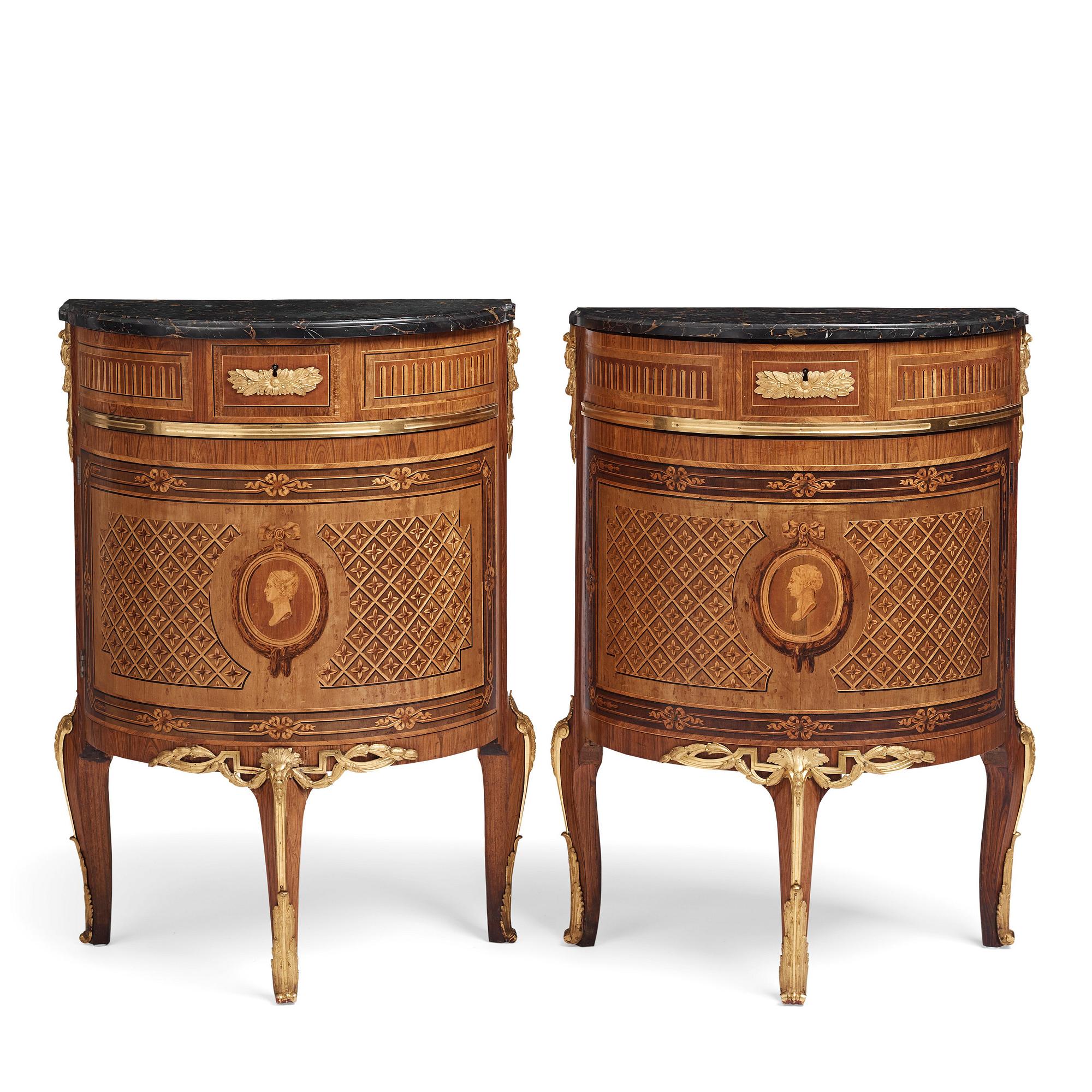 The "De Geer cabinets" a pair of demi-lune cabinets by Georg Haupt (master in Stockholm 1770-1784), Gustavian.