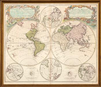 Map of the world, hand colored engraving, Homann Heirs, Nürnberg 1746.