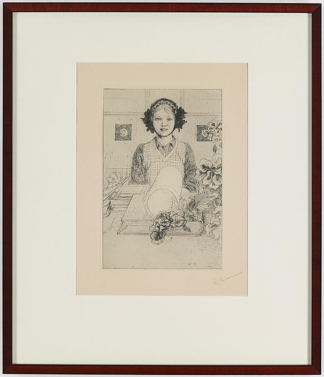 CARL LARSSON, etsning, signerad C.L. med blyerts. Utförd 1917. Etat 2. Mycket sällsynt. "Ung flicka".