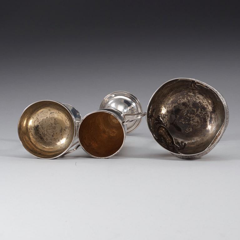 A set of three Chinese Export Silver chalices, by Chicheong, and Sing Fat, Canton, early 20th Century.