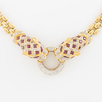 Necklace, 18K gold in the form of a panther with diamonds and rubies.