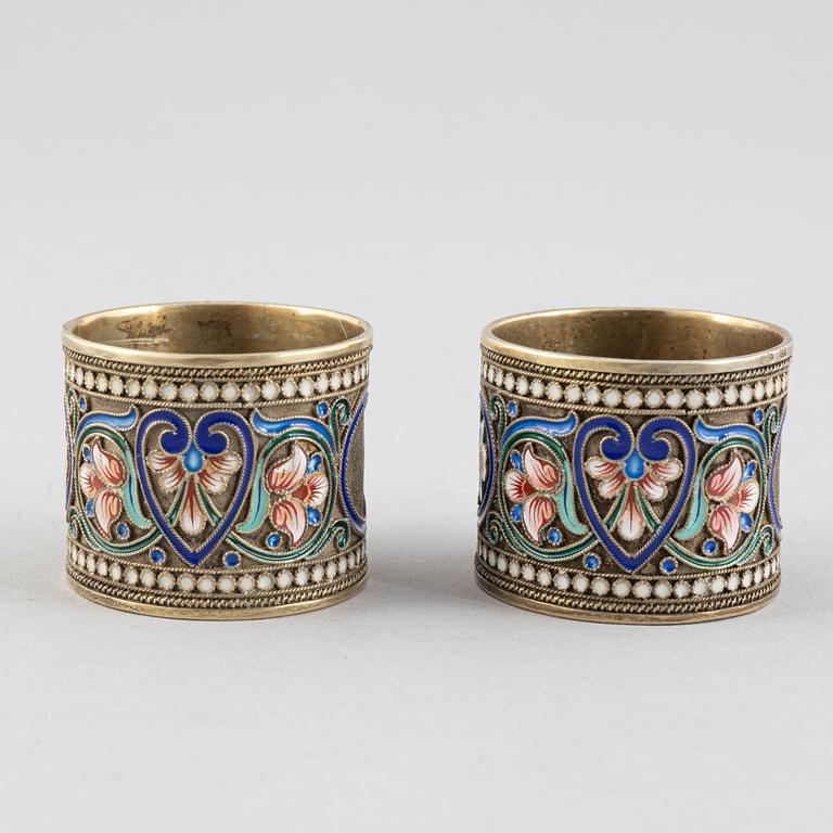 A Pair of Silver and Enamel Napkin Rings and Spoon, Russia 1896-1926.