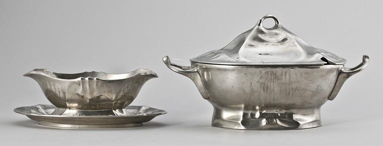 PARTI TENN, 3 delar, jugend, märkta Kaiserzinn, tidigt 1900-tal.