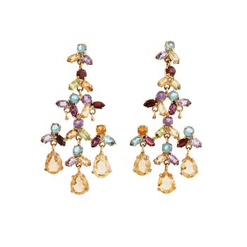 501. A pair of 18K gold earrings with various colored stones.