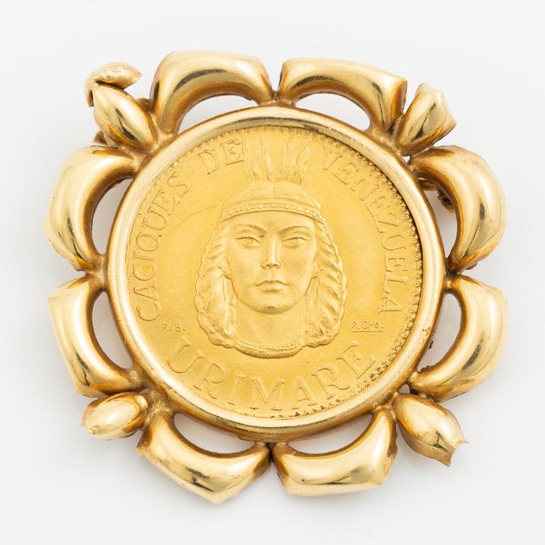 Brooch 18K gold with set gold coin/medal, Venezuela.