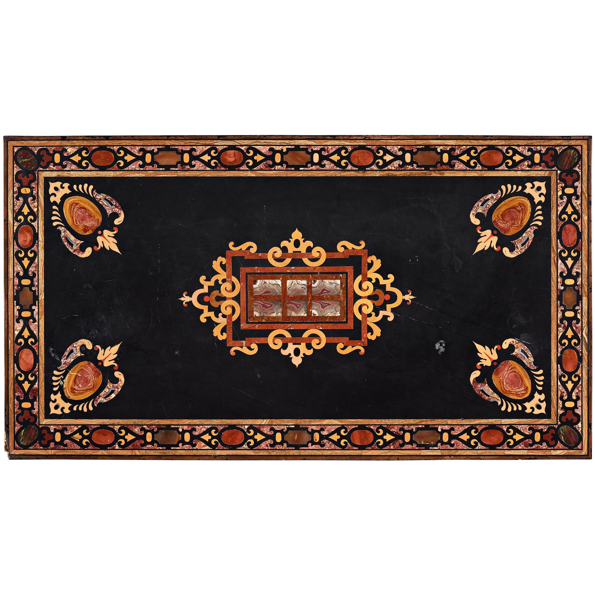 A pietre dure top, Italy, circa 1900, probably Rome or Naples. The stand in Louis XIV-style.